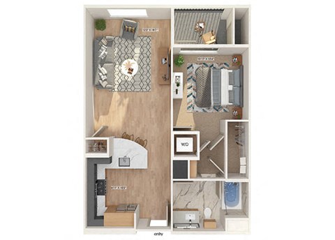 Floor plan for 1 bed, 1 bath, 727 sqft